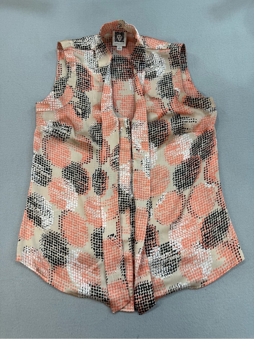 Anne Klein Peach, Black & Cream Sleeveless Tie-Neck Blouse